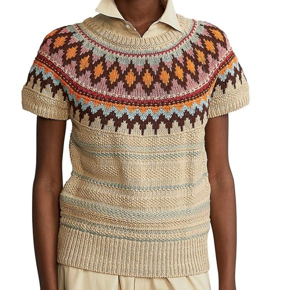 Polo Ralph Lauren Jacquard Short Sleeve Sweater Tan Multi Size XS - Picture 2 of 8